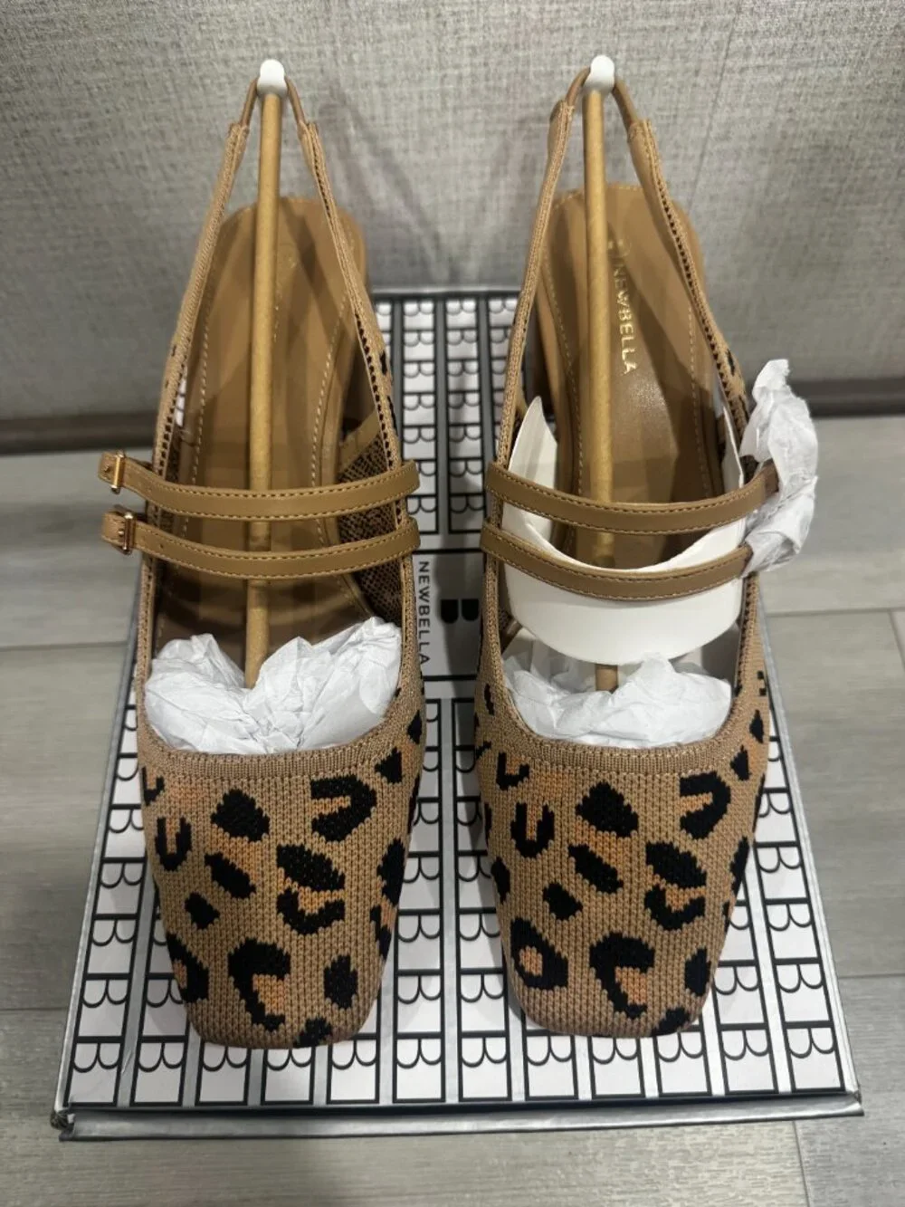 NEWBELLA Leopard Knit Mary Jane Chunky Low Heel Slingback Pump Square Toe 8.5 - Picture 6 of 13